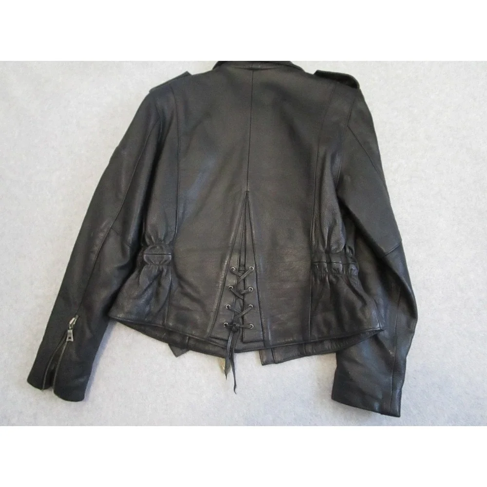 Flying Bikes Oakwood Leather Motorcycle Jacket Womens Large Black Quilted Belted